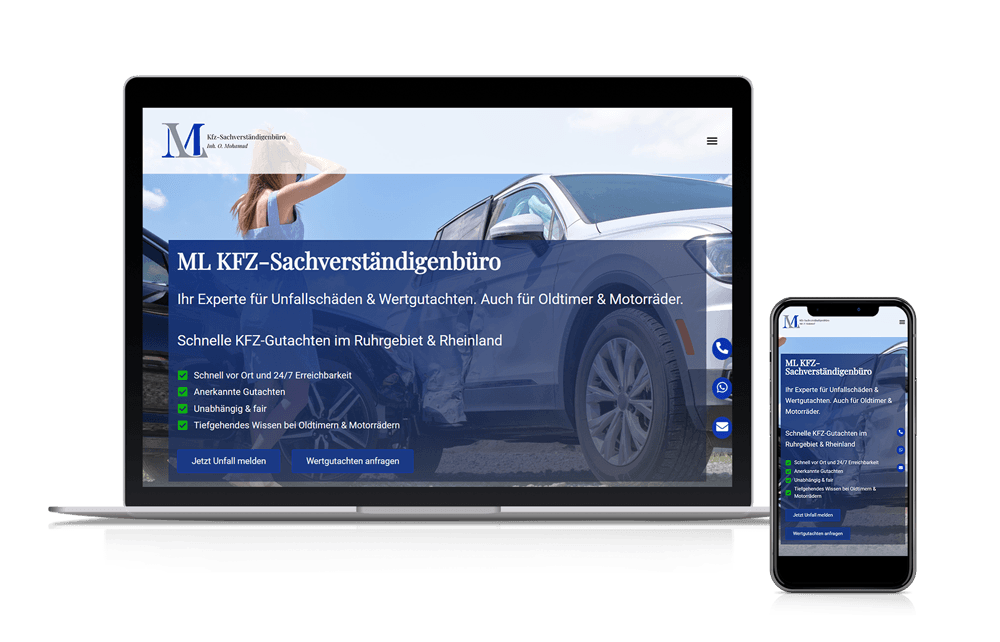 Webdesign. Laptop- und Smartphone-Ansicht einer Webseite, die wir für einen Kfz Gutachter in Oberhausen erstellt haben.